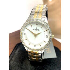 Bulova Women's Watch 98L273 Mother of Pearl Dial Two Tone Steel Gemmed 32mm